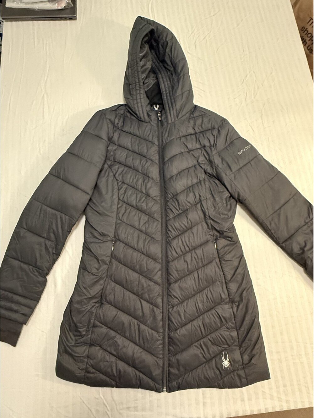 Spyder Long Hooded Puffer Coat Women's S Black Quilted Insulated Full Zip Jacket